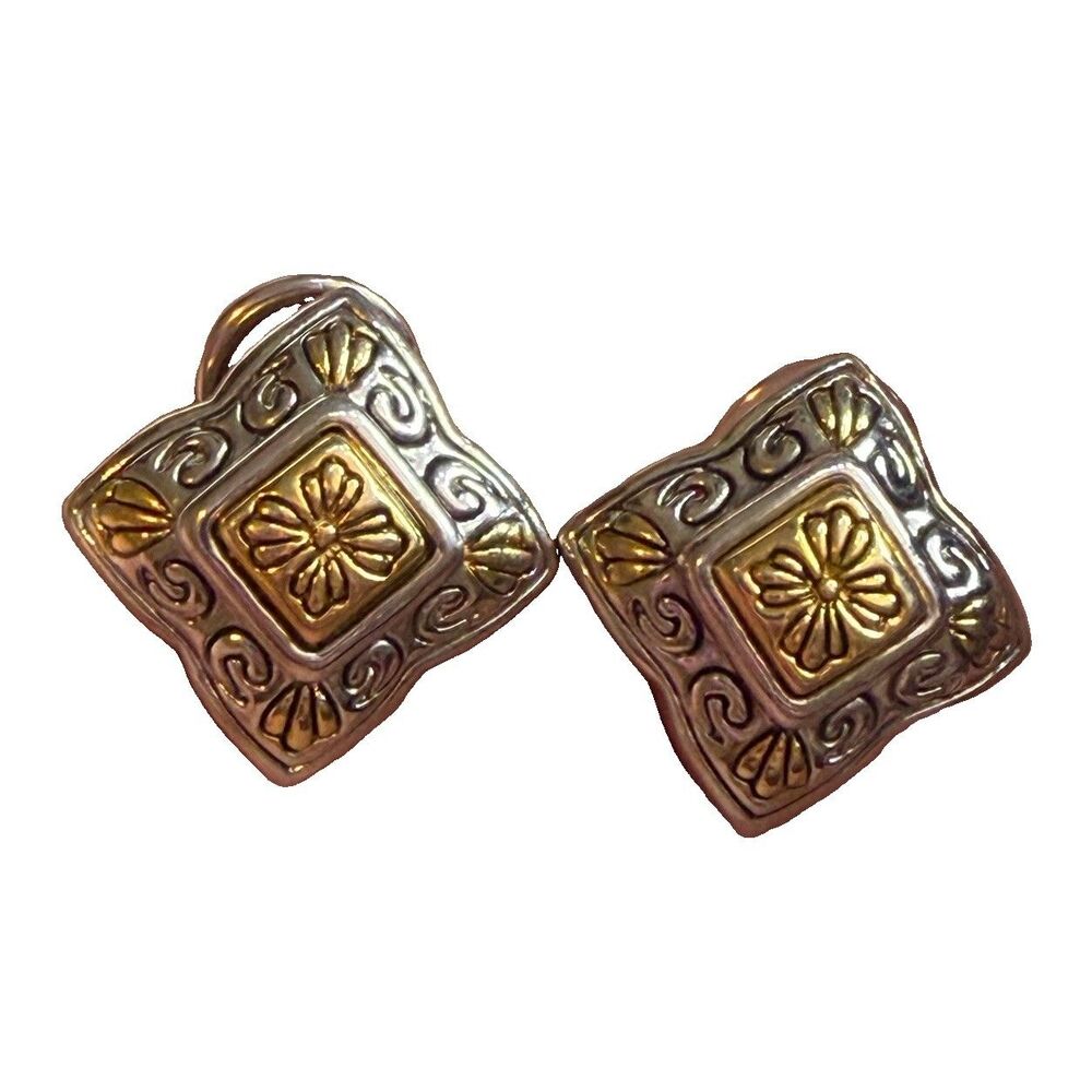 VTG 80s Michael Morrison MX Earrings Two Tone Silver Gold Square Statement Omega